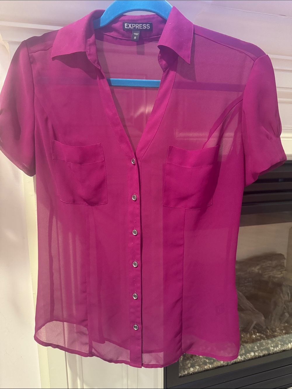 Express Women's Magenta Sheer Short-Sleeve Button-Down Shirt